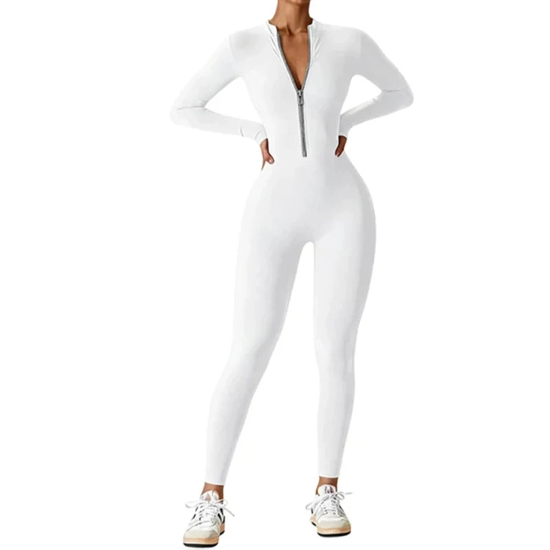 Women Long Sleeve Workout Jumpsuit Zip Up Romper Bottom Pants Bodysuit Bodycon Women Gym Clothing Running Fitness Suits